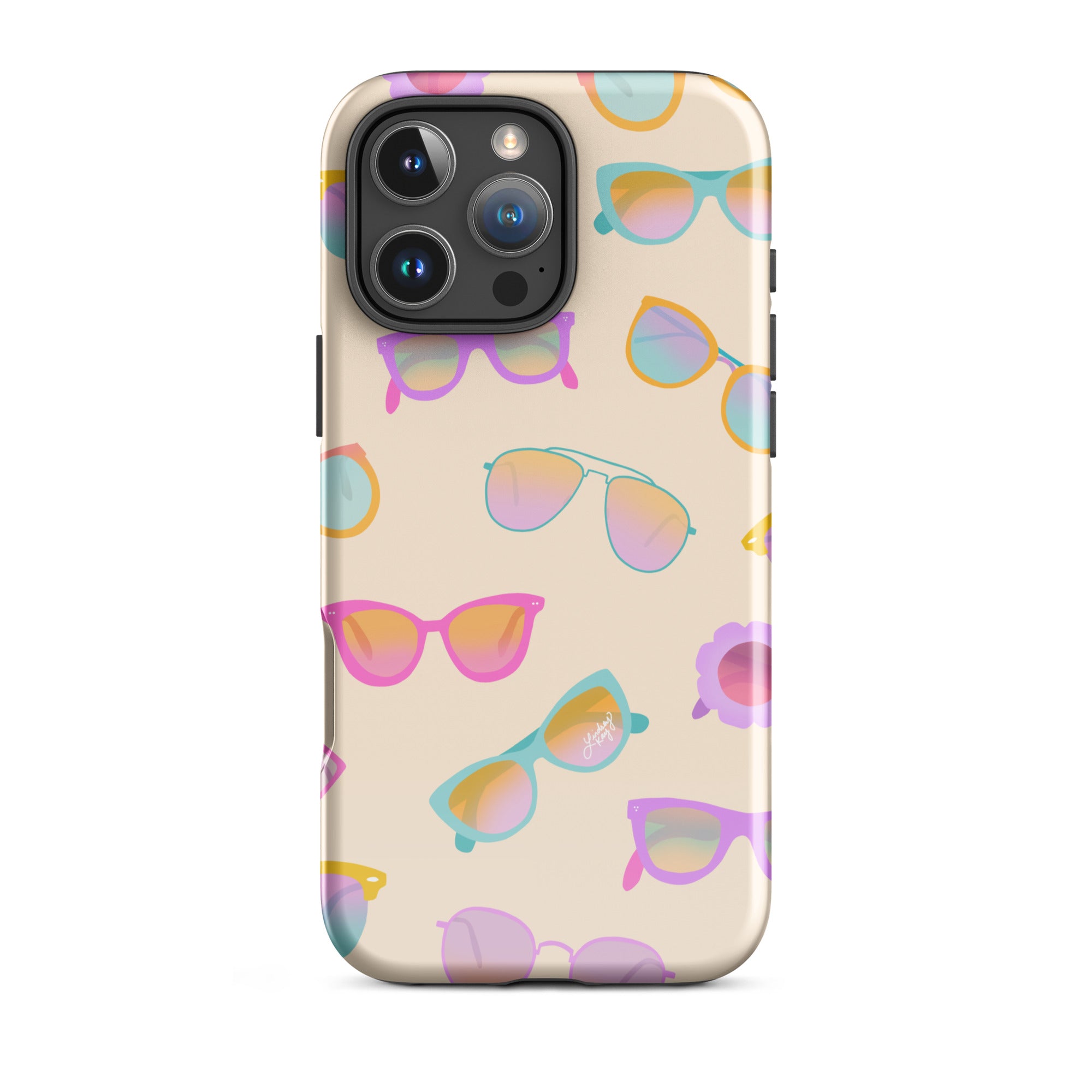 Cute and durable Tough iPhone case with a light yellow background and hand-drawn retro sunglasses, perfect for summer with a fun, girly, and trendy retro vibe.
